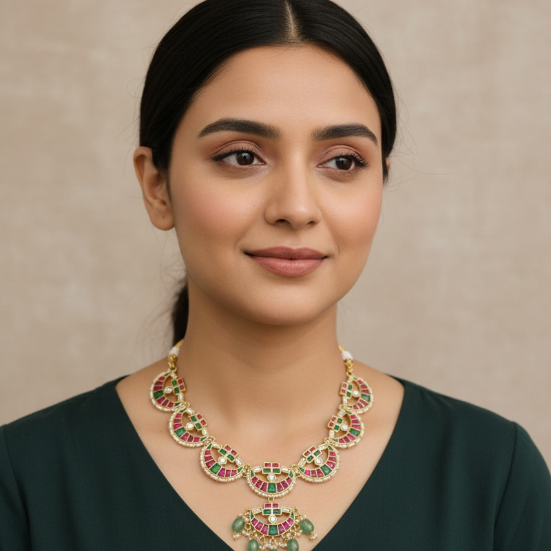 gold plated jadau kundan stone and pearls necklace set