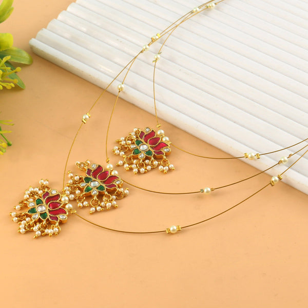 Jadau Kundan Necklace Set is beautifully handcrafted with premium Kundan stones in a classic Jadau setting. Inspired by the royal