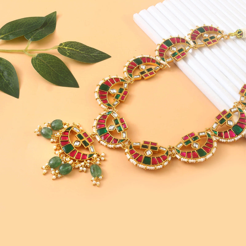 gold plated jadau kundan stone and pearls necklace set