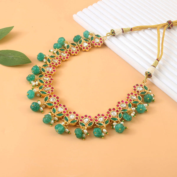 Translucent Falling Lotus Flexible necklace set with Green, Pink and White Stones | Shobitam Jewelry