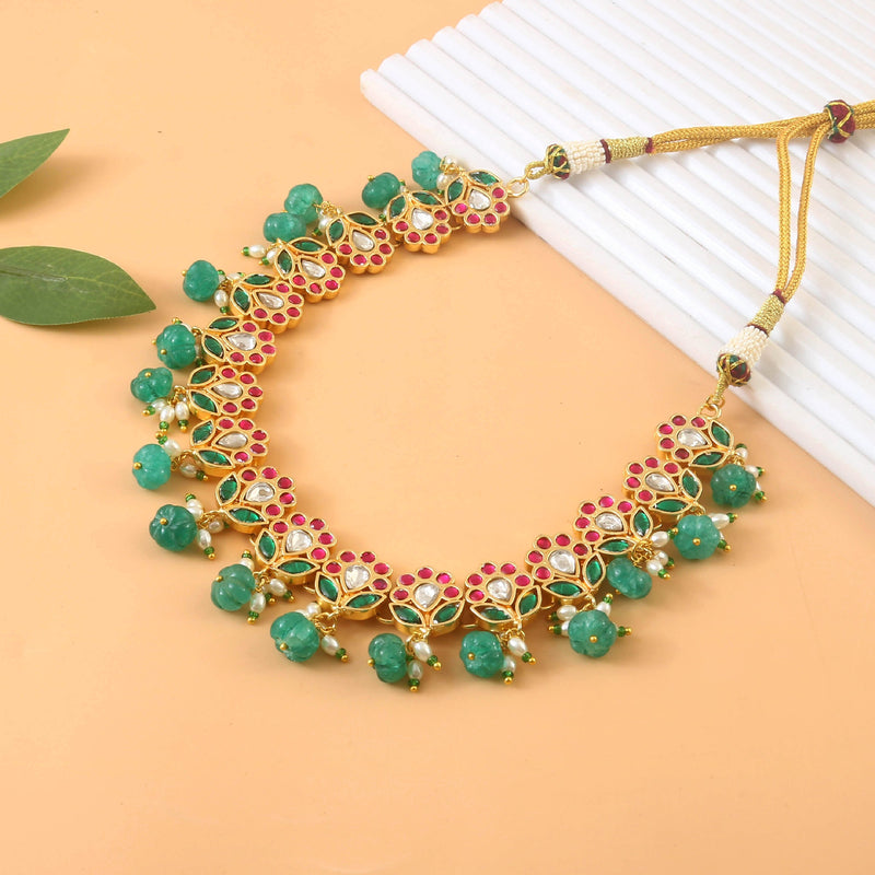 Translucent Falling Lotus Flexible necklace set with Green, Pink and White Stones | Shobitam Jewelry