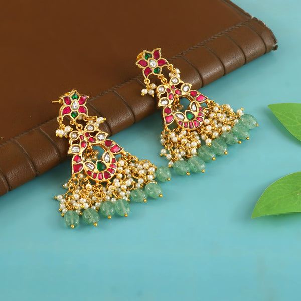 Royal Kundan Pearl Drop Earrings with Emerald Beads