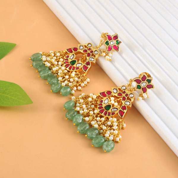 Royal Kundan Pearl Drop Earrings with Emerald Beads