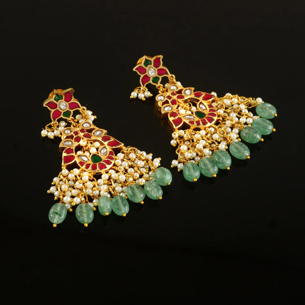 Royal Kundan Pearl Drop Earrings with Emerald Beads