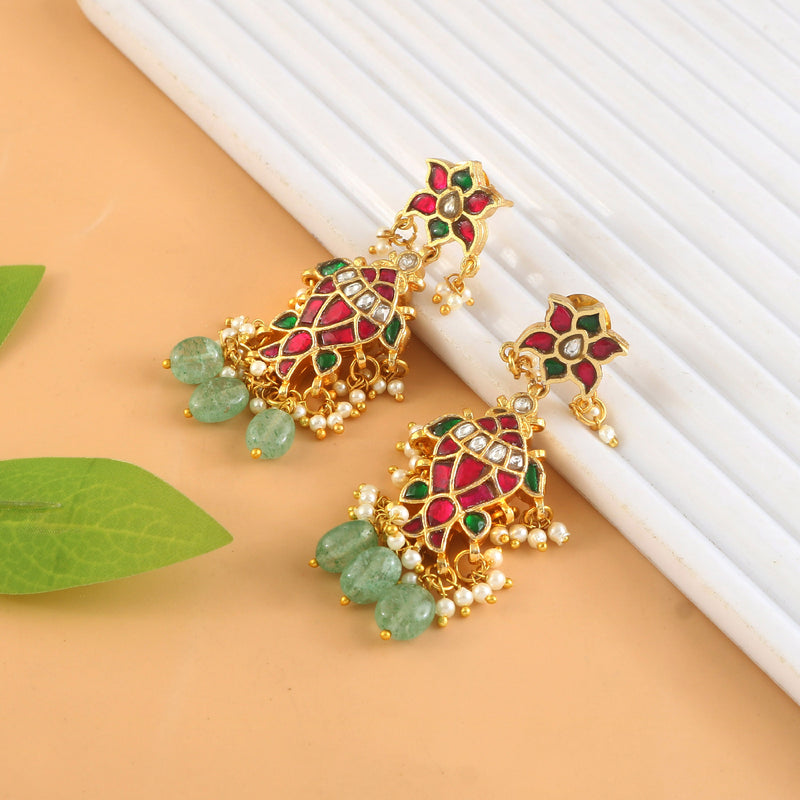 Designer Kundan Chandbali Earrings with Pearl & Emerald Drops