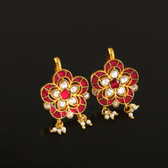 Floral Kundan Stud Earrings with Pearl Danglers