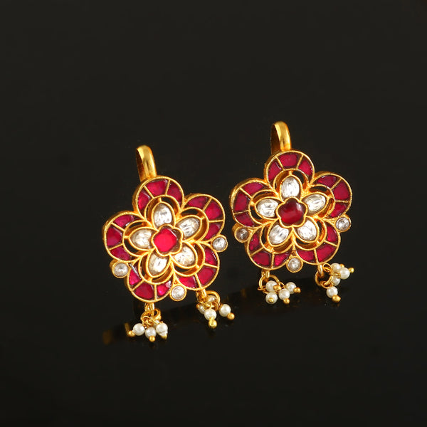 Floral Kundan Stud Earrings with Pearl Danglers