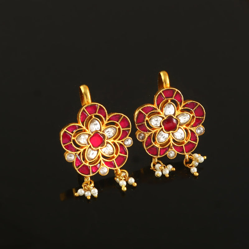 Floral Kundan Stud Earrings with Pearl Danglers