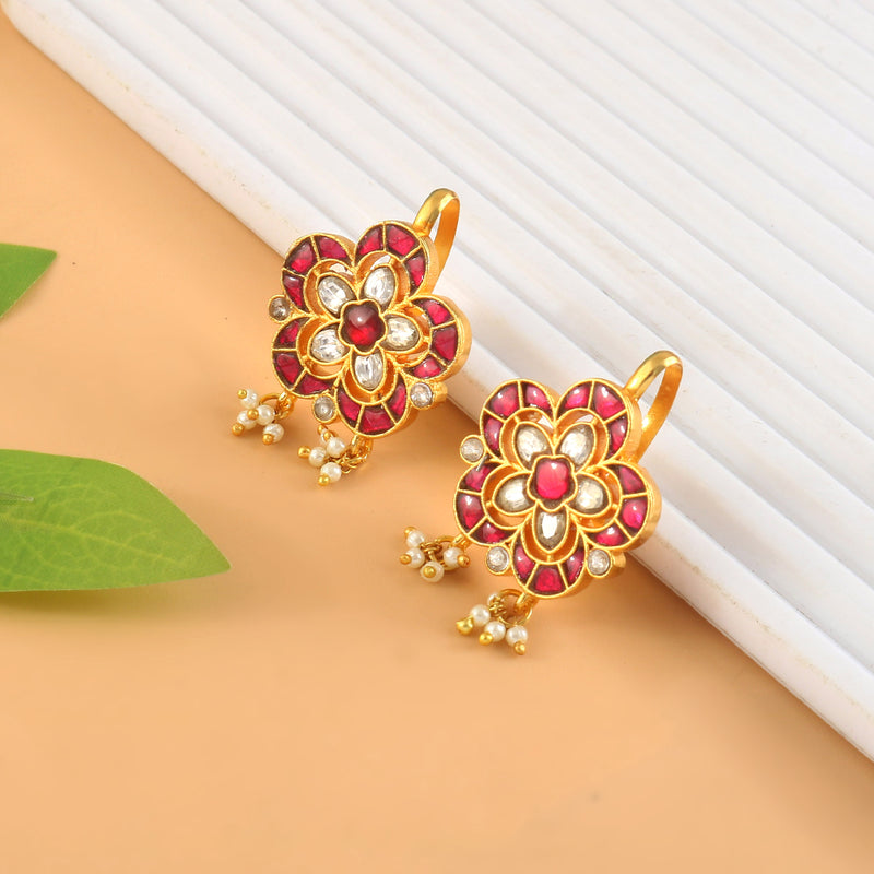 Floral Kundan Stud Earrings with Pearl Danglers