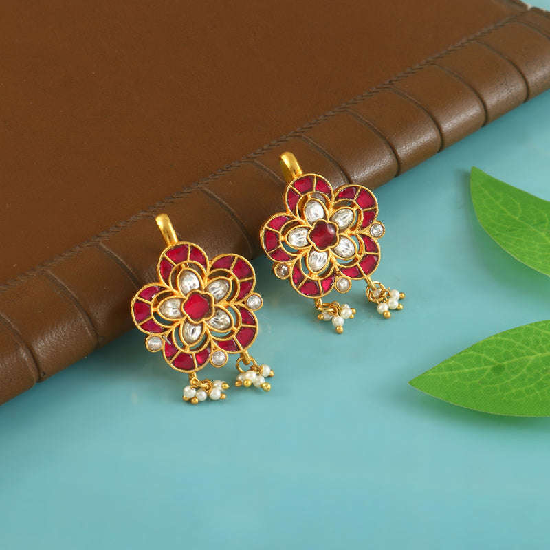 Floral Kundan Stud Earrings with Pearl Danglers