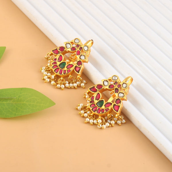 Traditional Peacock Kundan Earrings with Pearl Tassels