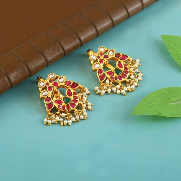 Traditional Peacock Kundan Earrings with Pearl Tassels