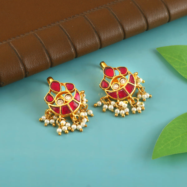 Ruby Kundan Earrings with Pearl Fringe