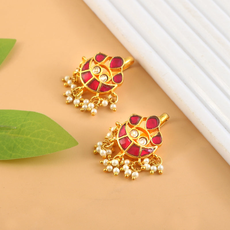 Ruby Spiral Kundan Earrings with Pearl Tassels