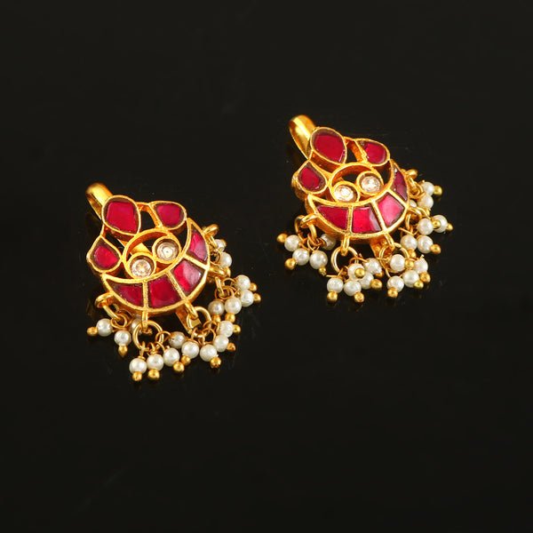 Ruby Spiral Kundan Earrings with Pearl Tassels