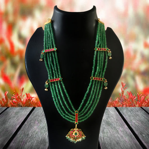 Beaded multilayer green haaram with kemp stones and beads & pearl hangings