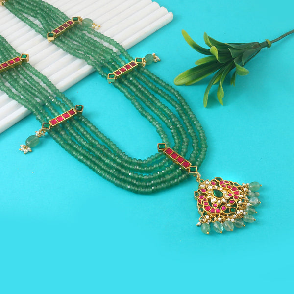 Beaded multilayer green haaram with kemp stones and beads & pearl hangings