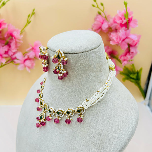 Jadau Kundan Necklace Set (Pink)