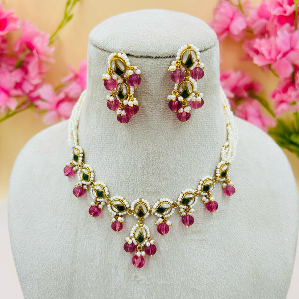 Jadau Kundan Necklace Set (Pink)