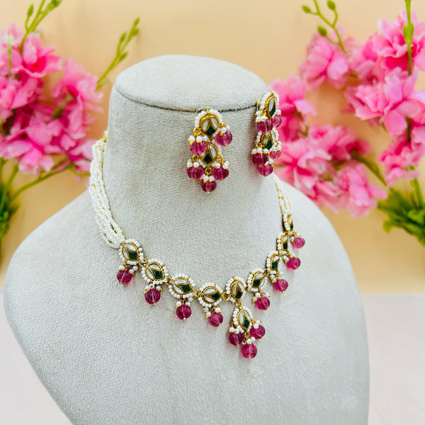 Jadau Kundan Necklace Set (Pink)
