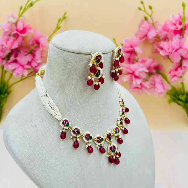 Jadau Kundan Necklace Set (Pink)