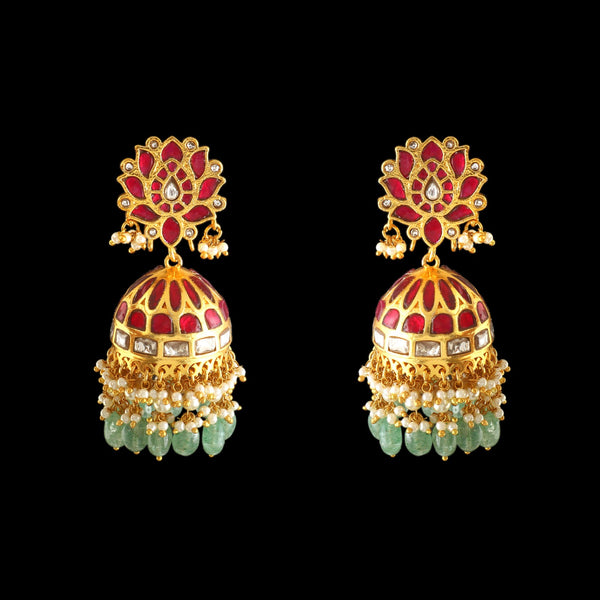 Royal Kundan Jhumka Earrings with Pearl & Emerald Drops