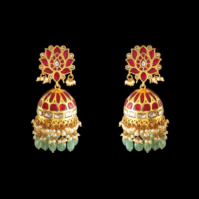 Royal Kundan Jhumka Earrings with Pearl & Emerald Drops