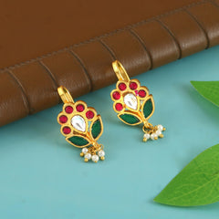Floral Kundan Stud Earrings with Pearl Drops