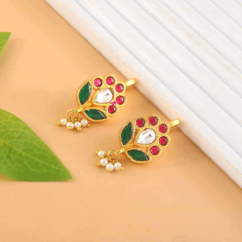 Floral Kundan Stud Earrings with Pearl Drops
