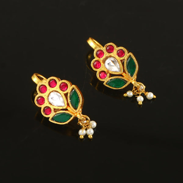 Floral Kundan Stud Earrings with Pearl Drops