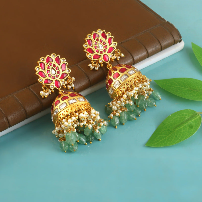 Royal Kundan Jhumka Earrings with Pearl & Emerald Drops