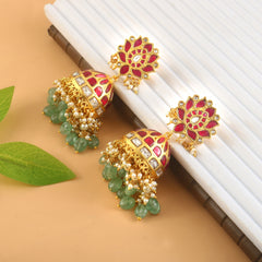 Royal Kundan Jhumka Earrings with Pearl & Emerald Drops
