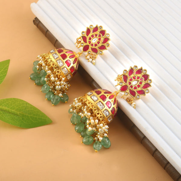 Royal Kundan Jhumka Earrings with Pearl & Emerald Drops