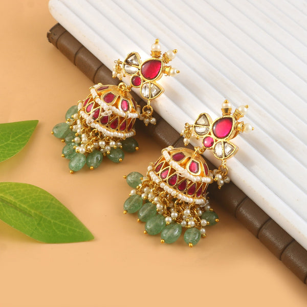 Luxury Pearl Kundan Jhumka Earrings with Emerald Bead Drops