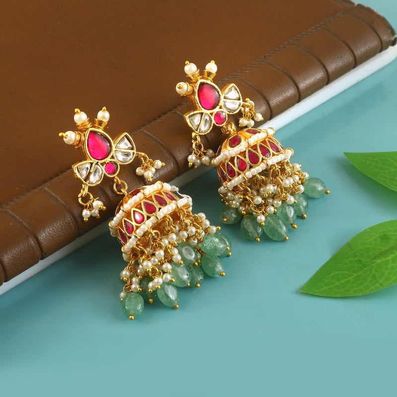 Luxury Pearl Kundan Jhumka Earrings with Emerald Bead Drops