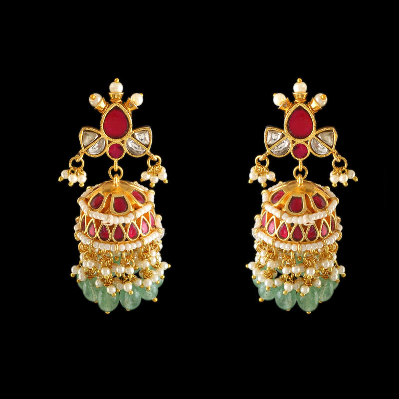 Luxury Pearl Kundan Jhumka Earrings with Emerald Bead Drops
