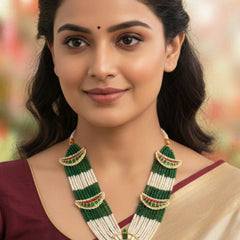 Elegant Designer Peacock Necklace with Real Jadau Kundan, Pearls, and Emerald Green Beads Hangings Regular price