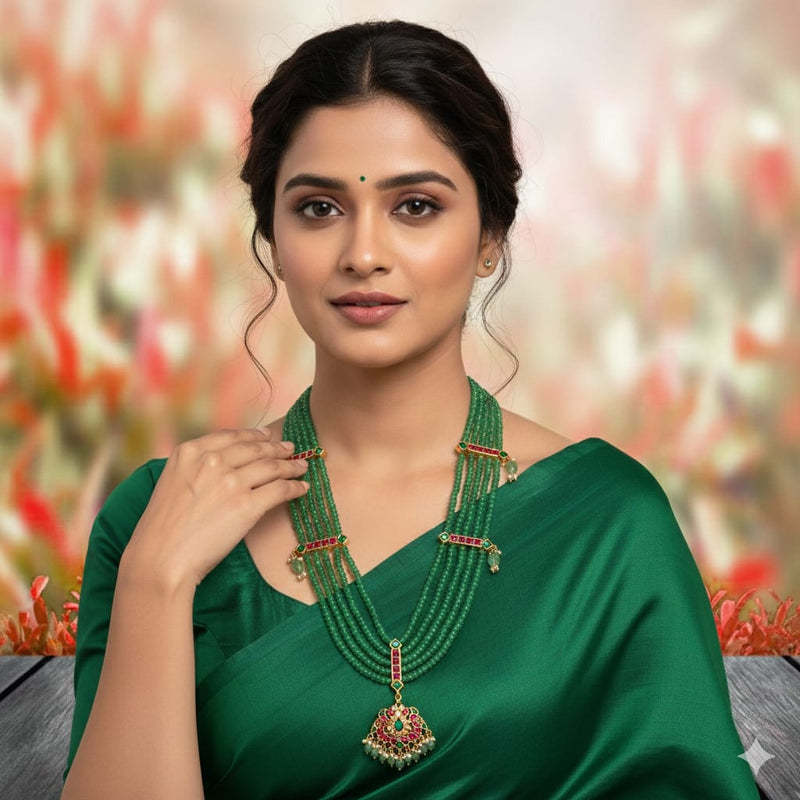 Beaded multilayer green haaram with kemp stones and beads & pearl hangings