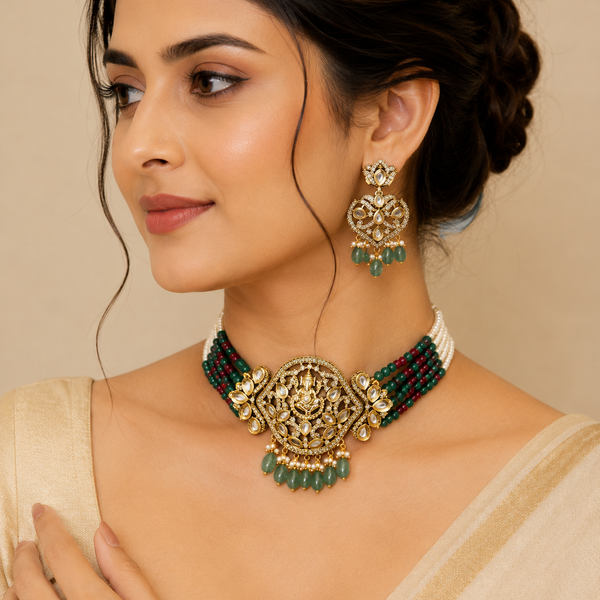 Jadau Kundan Necklace Set (Beads)